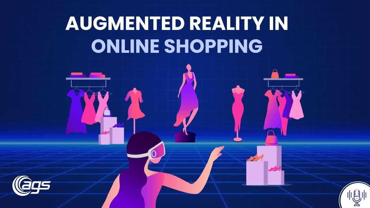 A futuristic e-commerce interface on a smartphone displaying an AR-powered virtual try-on of a stylish outfit, with realistic animations and a 3D shopping environment.